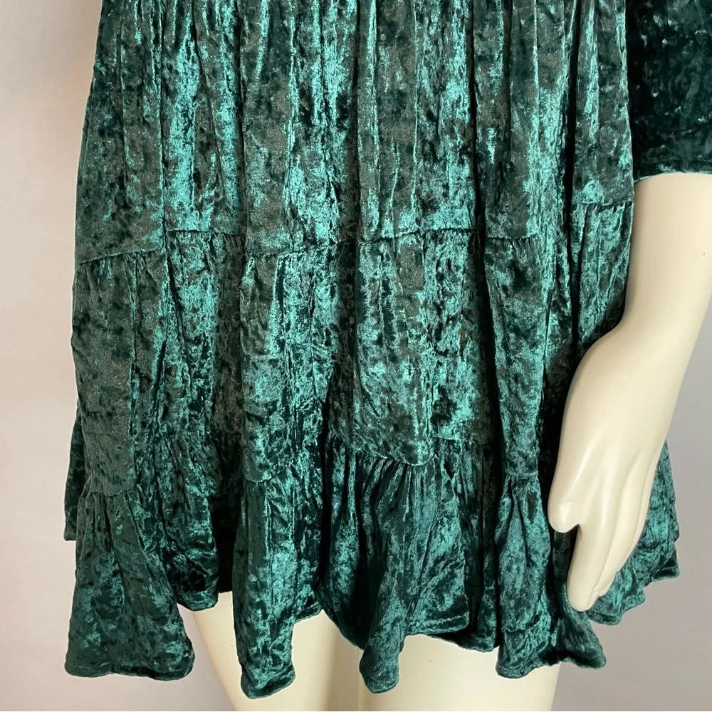 Vintage Crushed Velvet Babydoll Dress Green Christmas Girls Sz 14 Rosette Tiered